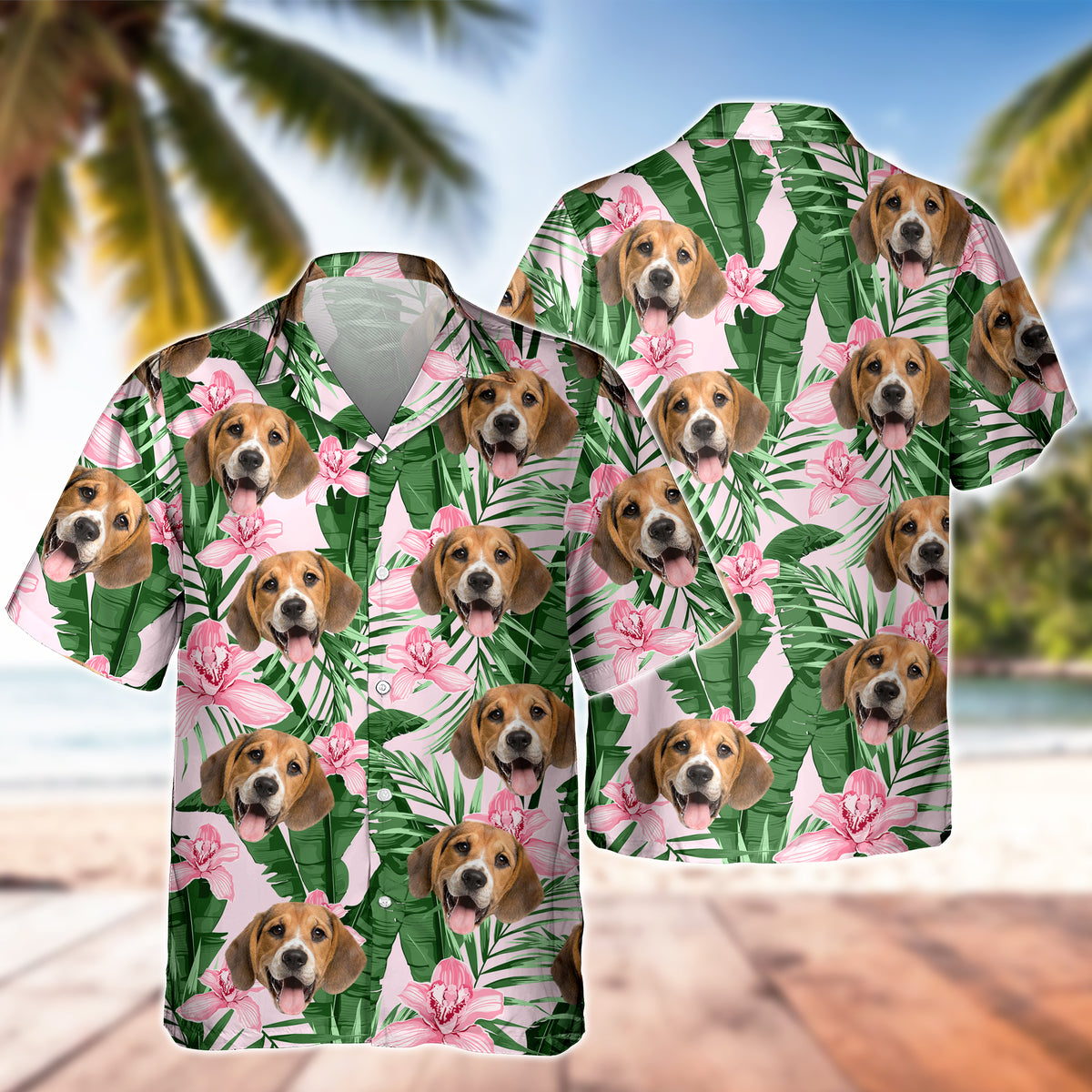 Custom Photo Funny Face Dog Cat Family Vacation Tropical Pattern Hawaii Shirt HA75 892308
