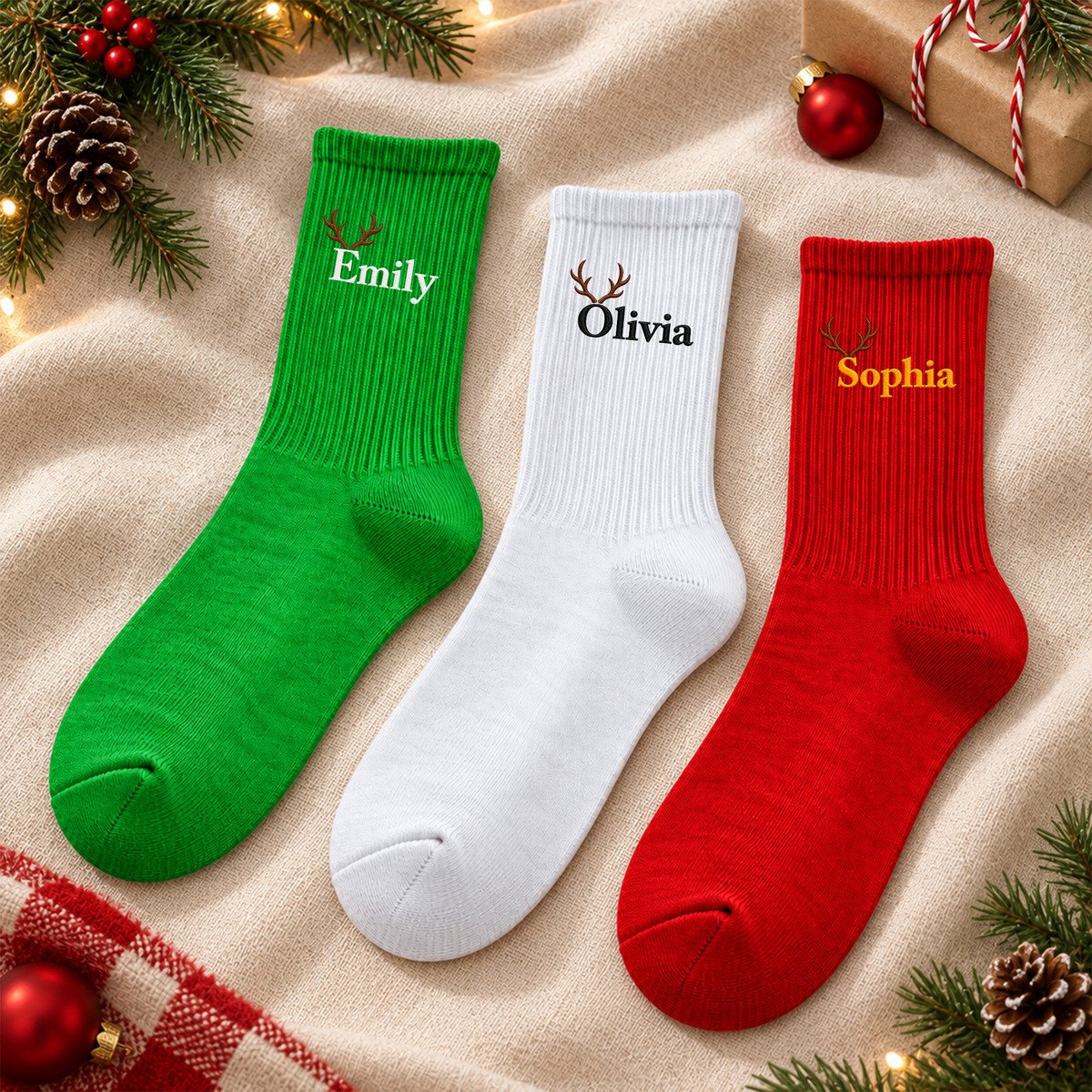 Personalized Name Reindeer Embroidered Christmas Socks HA75 919428