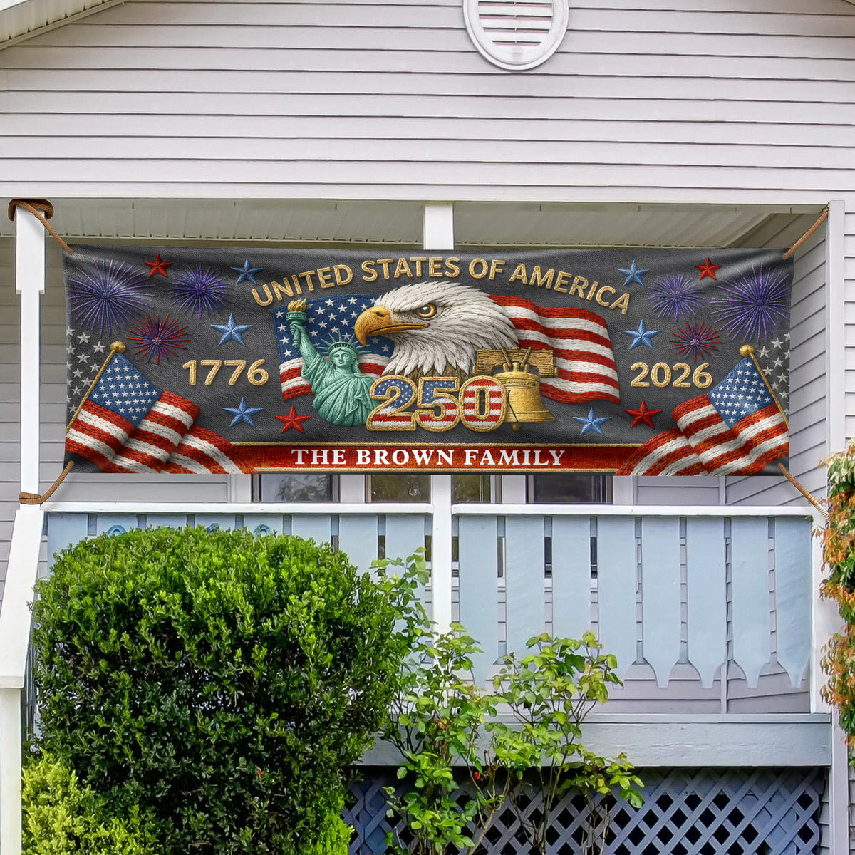 Custom Family Name 250 United States Of America 1776-2026 Eagle Embroidered Effect Patriotic Party Banner LM32 669281