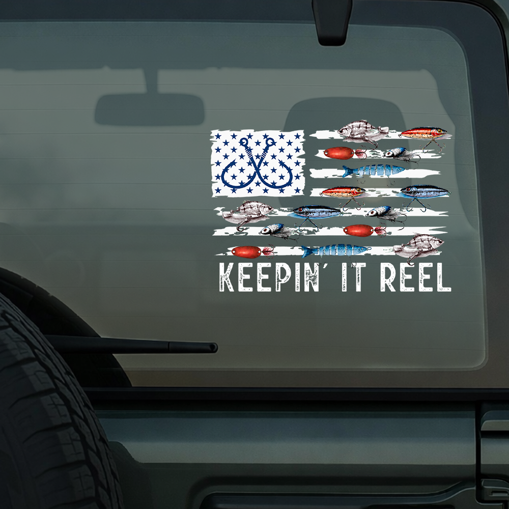 Keepin' It Reel Fishing Lure Flag Car Decal Sticker LM32 669335