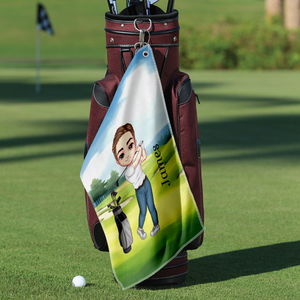 Personalised Soft Quick Dry Cartoon Character Golf Waffle Towel with Carabiner Golf Accessories Birthday Gift for Golf Player HO82 900916