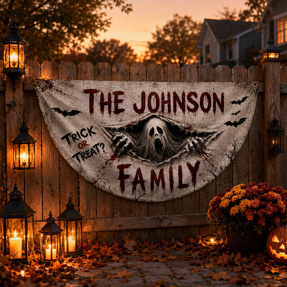 Custom Family Name Spooky Halloween Non-Pleated Fan Flag Trick or Treat Outdoor Hanging Banner LM32 669635