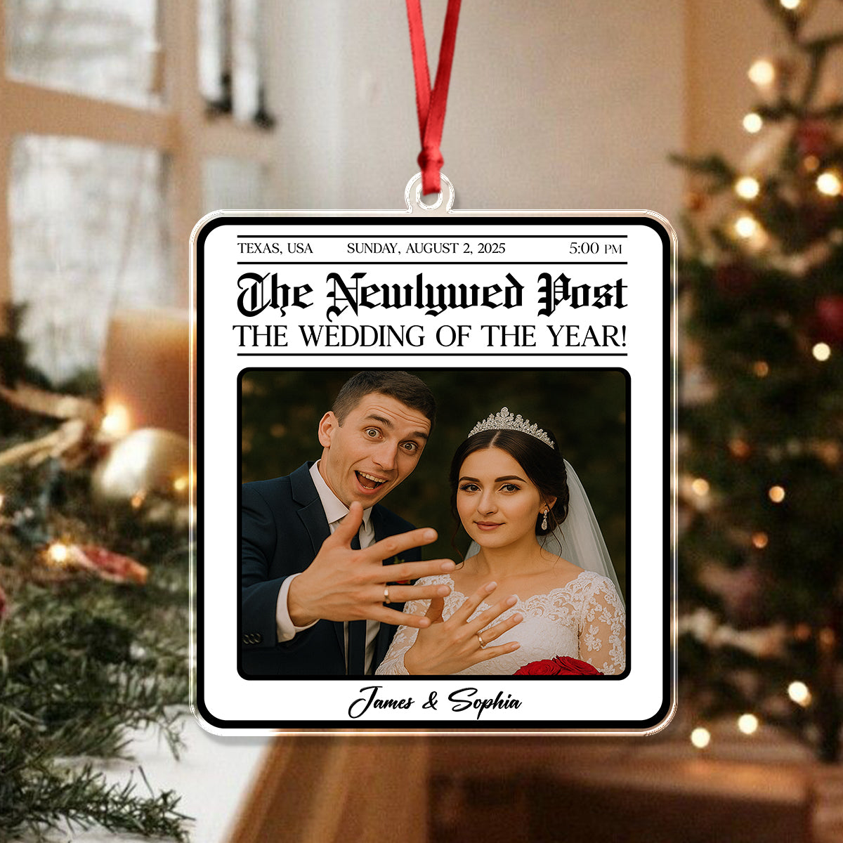 Custom Photo The Newspaper Newlywed Post Acrylic Ornament Christmas Gift For Couples, Husband, Wife HO82 894832
