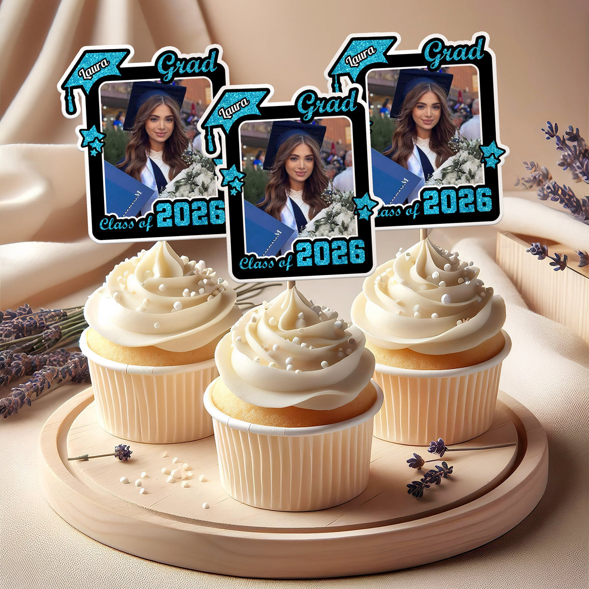 Custom Photo Class of 2026 Glitter Graduation Cupcake Toppers, Personalized Party Decorations CH07 895598