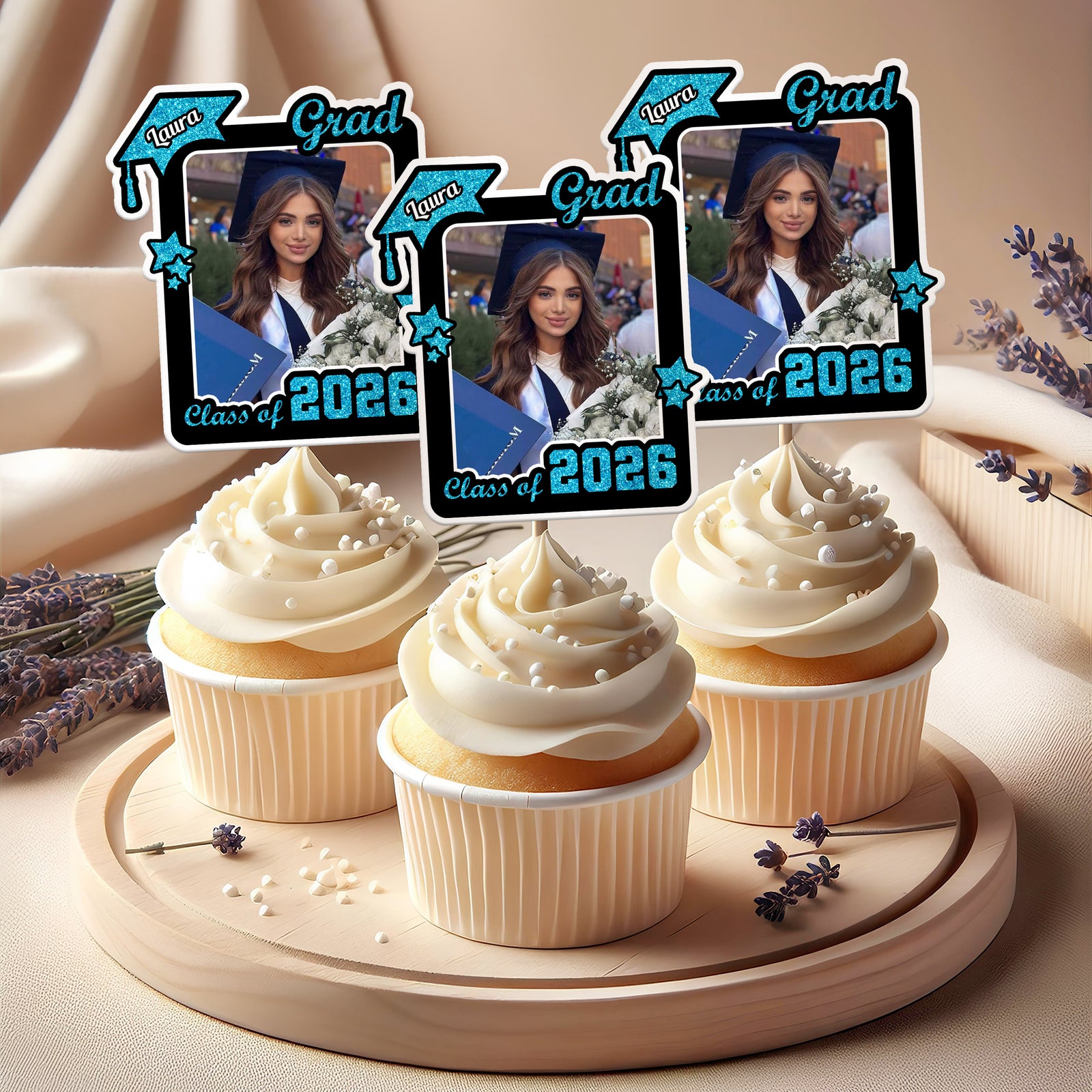 Custom Photo Class of 2026 Glitter Graduation Cupcake Toppers, Personalized Party Decorations CH07 895598