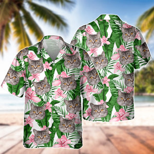 Custom Photo Funny Face Cat Family Vacation Tropical Pattern Hawaii Shirt HA75 892310