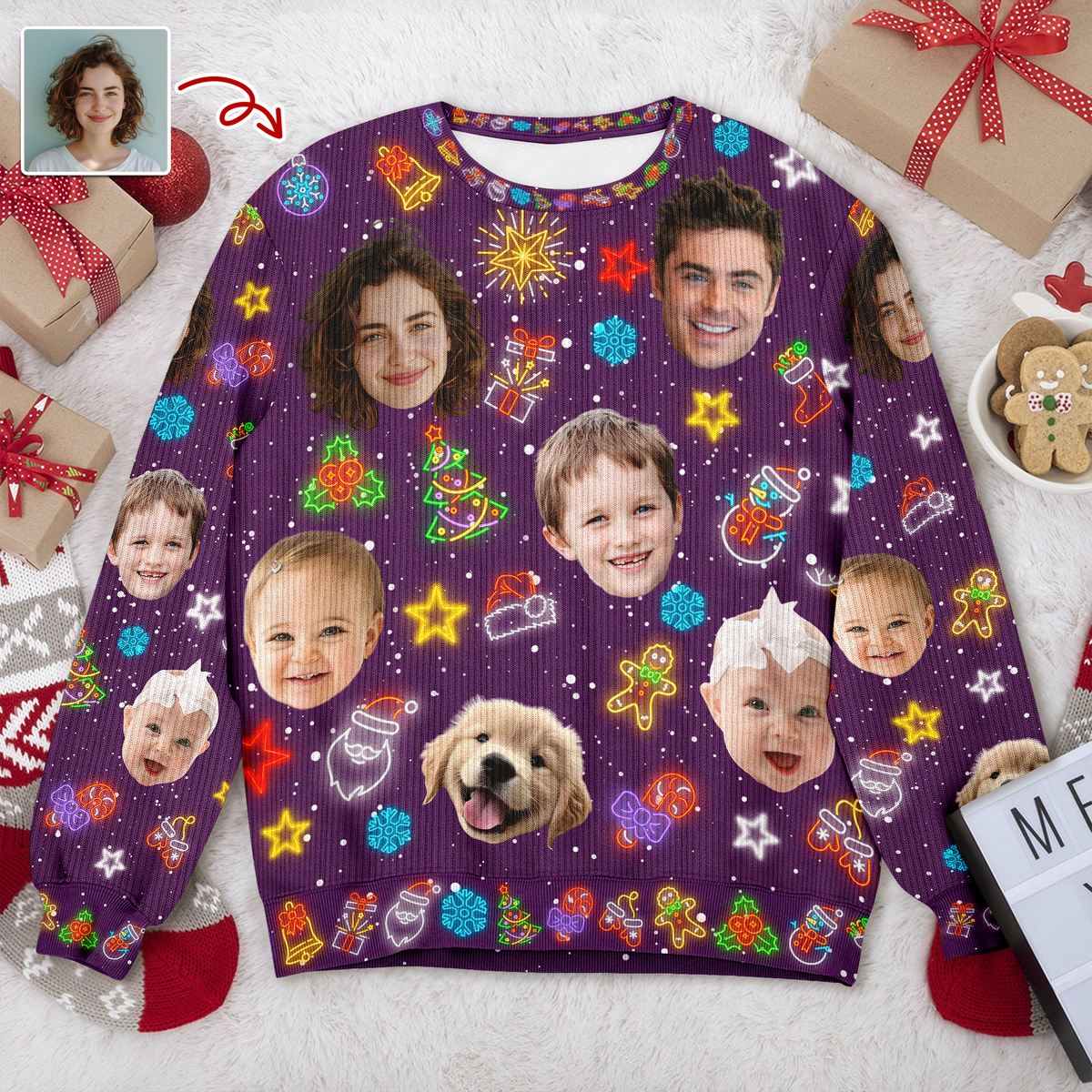 Custom Funny Face Light Up Christmas Ugly Sweater CH07 896802