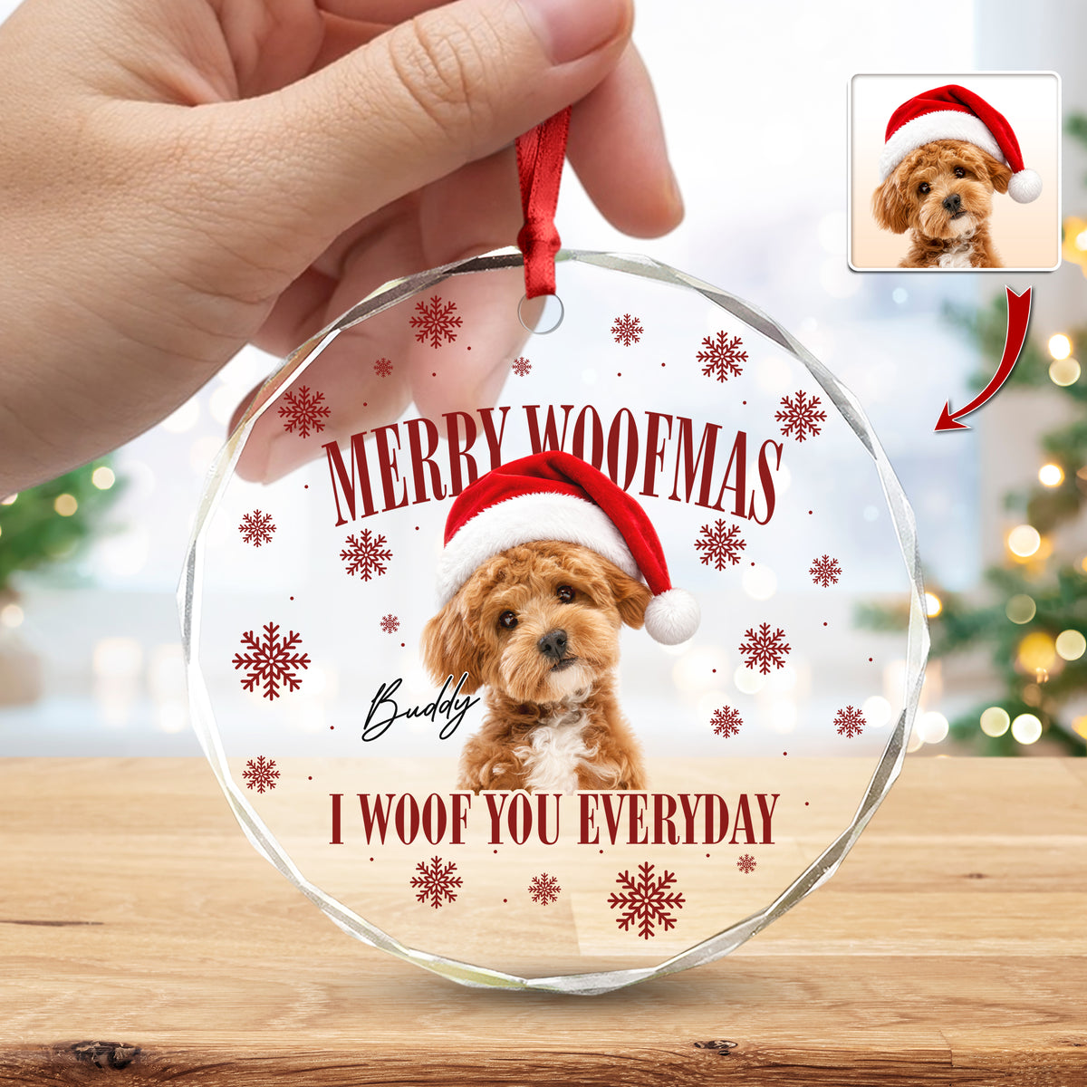 Custom Dog Photo Merry Woofmas Glass Ornament - Gift For Christmas, Dog Lovers Gift HO82 903312