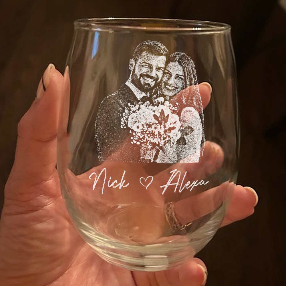 Custom Couple Portrait Photo Engraved Stemless Wine Glass, Gift For Valentine's Day, Wedding Anniversary HO82 900748