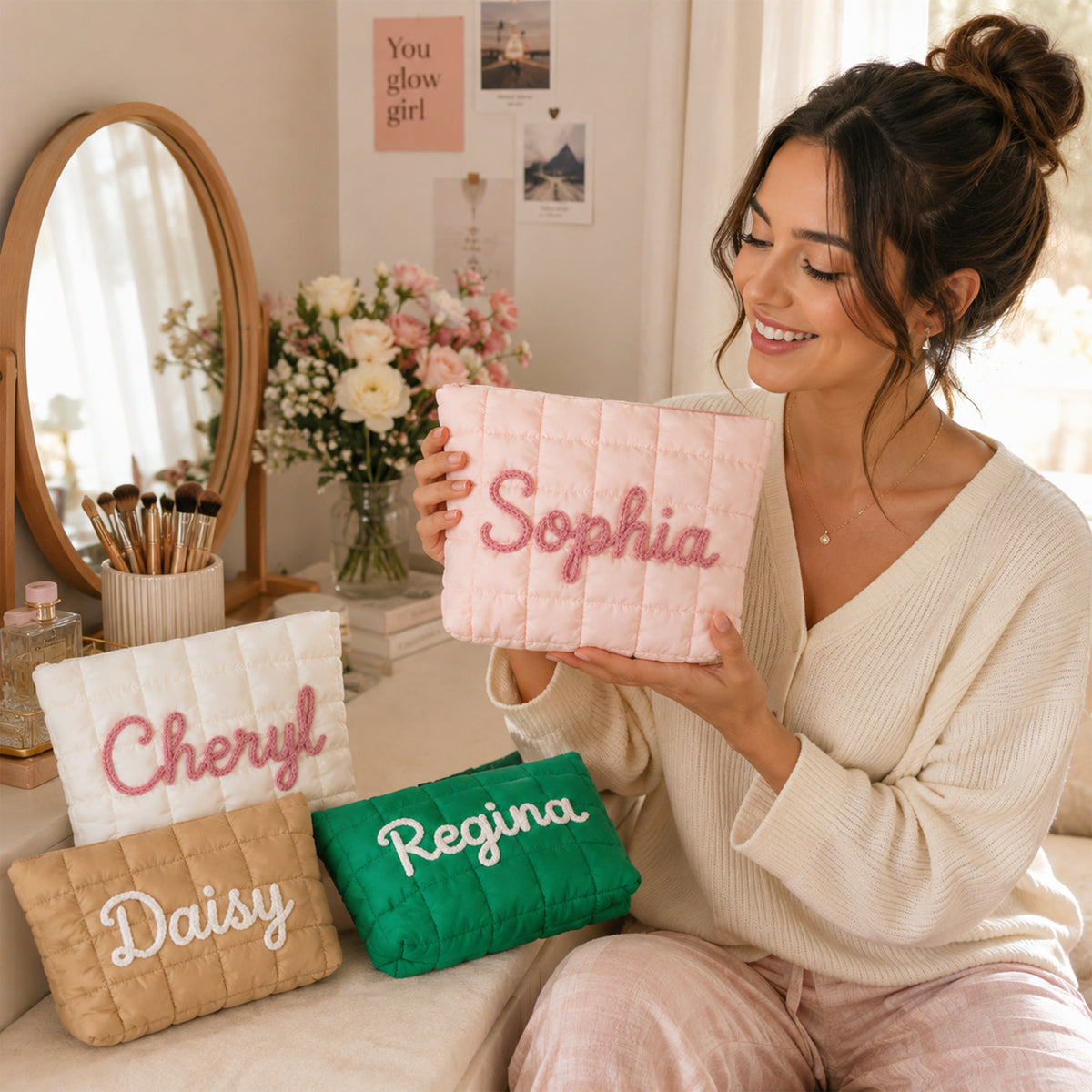Personalized Name Quilted Nylon Makeup Bag- Gift For Mom, Girlfriend, Women, Bridesmaid Gift LM32 899545
