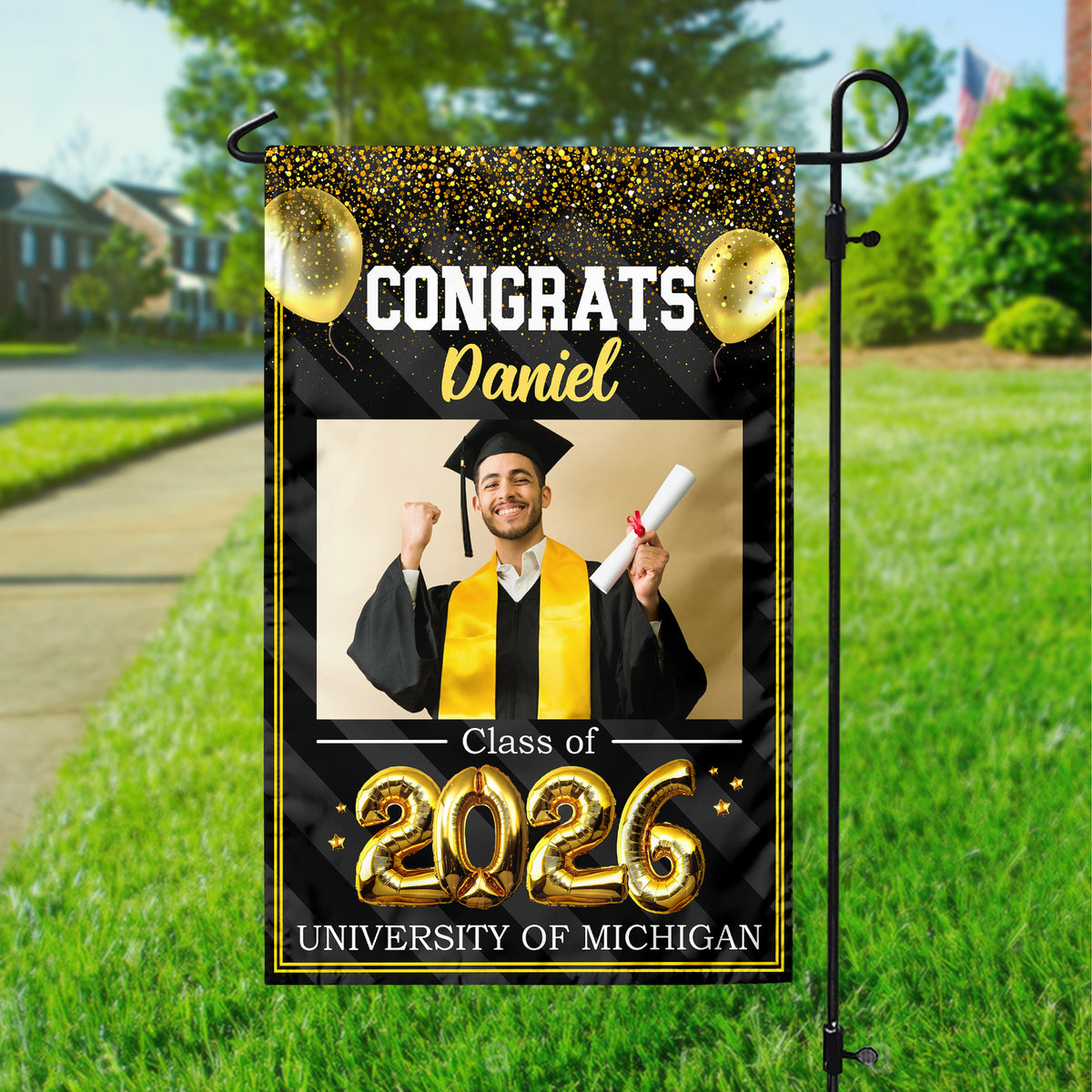 Custom Photo Congrats 2026 Multicolor Glitter Balloon Graduation Garden Flag HA75 920460