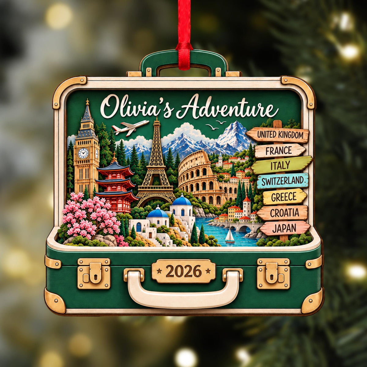 Personalized Travel Suitcase Christmas Wooden Ornament, Adventure Keepsake LM32 670681