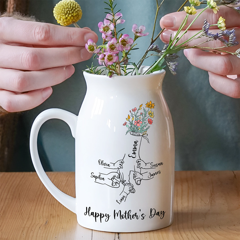Personalized Floral Hands Mom With Kids Vase Gift For Mother's Day CH07 910882
