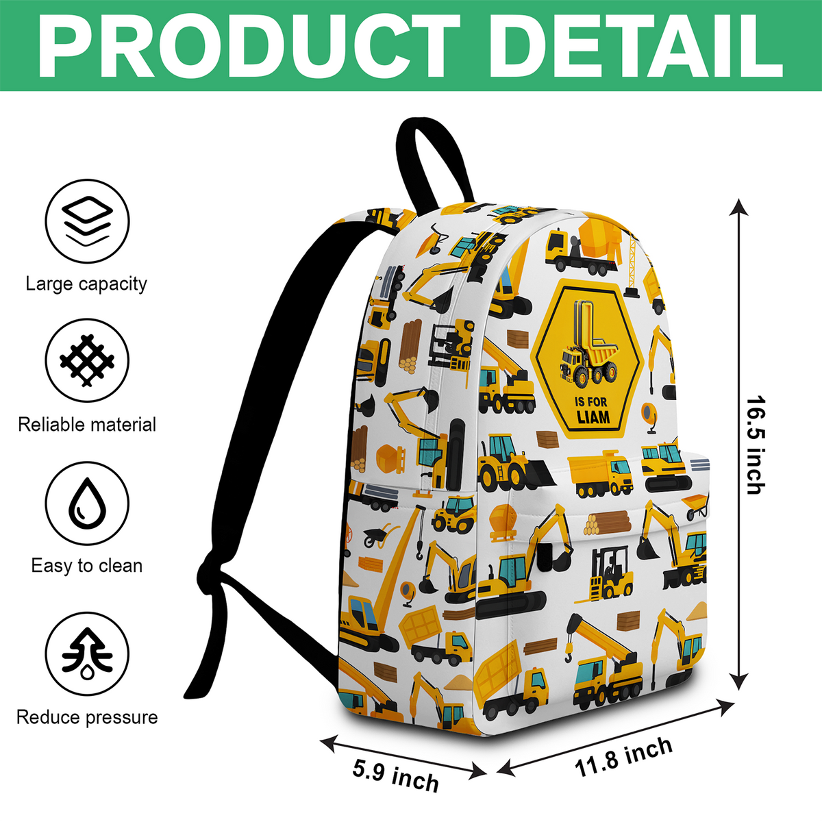 Custom Name Construction Vehicles Truck, Unicorn Letter Backpack For Kids HA75 921656
