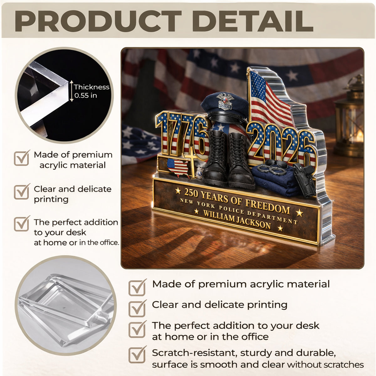 Personalized Police Office 250 Years Of Freedom 1776–2026 Acrylic Block Plaque - Police Gift, Patriotic Memorial Decor HO82 901888