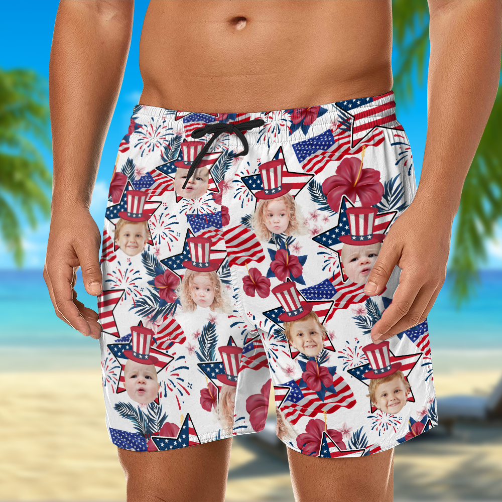 Custom Photo US Flag With Hawaii Pattern Man Beach Shorts, Father's Day Gift, For Dad HO82 894054