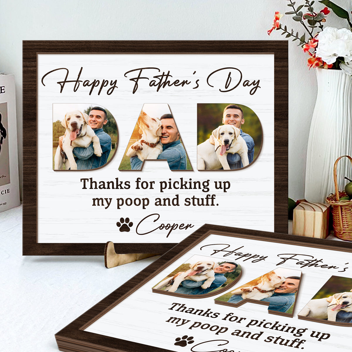 Upload Photo Happy Father's Day, Dog 2-Layered Wooden Plaque With Stand HA75 892518