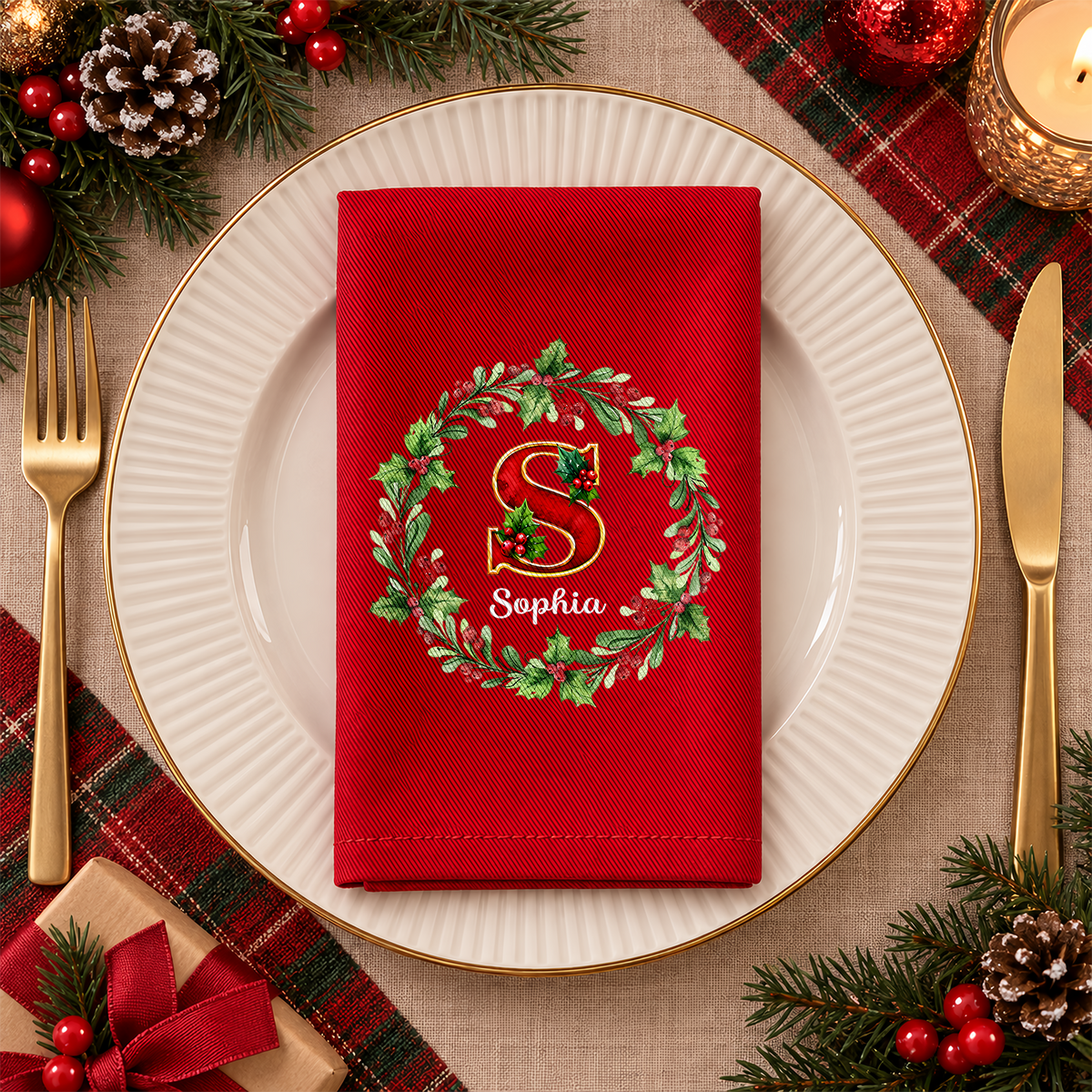 Personalized Initial Letter Christmas Reusable Cotton Napkin HO82 903724