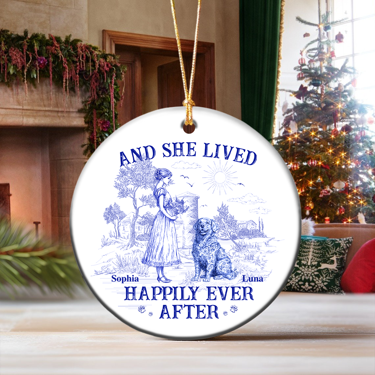 And She Lived Happily Ever After Dog Toile De Jouy Personalized Ceramic Ornament HO82 900162