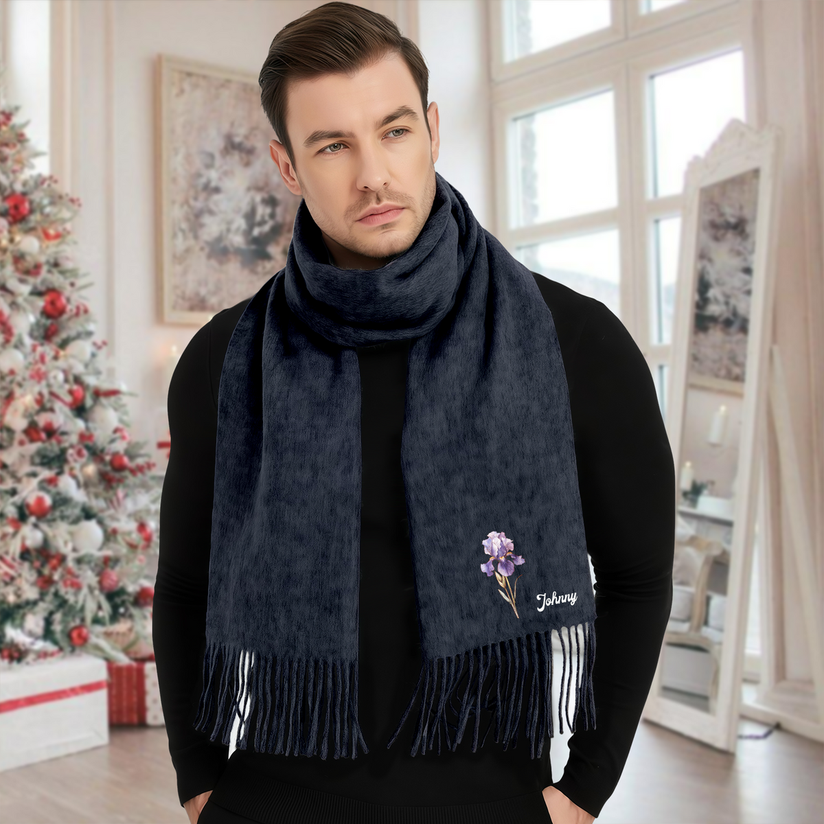Personalised Name Birth Flower Soft Warm Tassel Scarf, Winter Accessory Anniversary Birthday Gift for Women Men HO82 900752