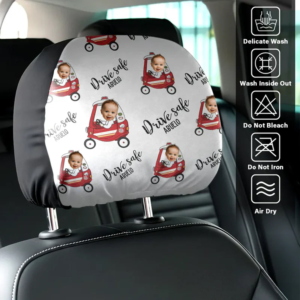 Custom Kid Photo Drive Safe Daddy Grandpa Personalized Car Headrest Covers CH07 910086