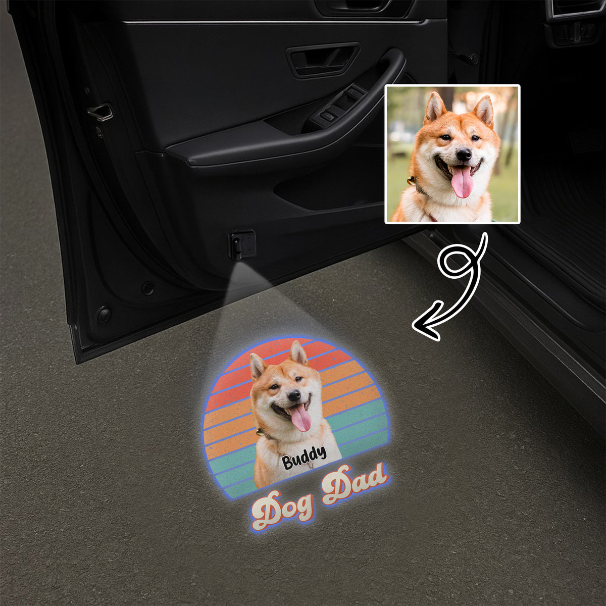 Custom Dog Photo Retro Sunset Dog Dad Car Door Projector Light CH07 896434
