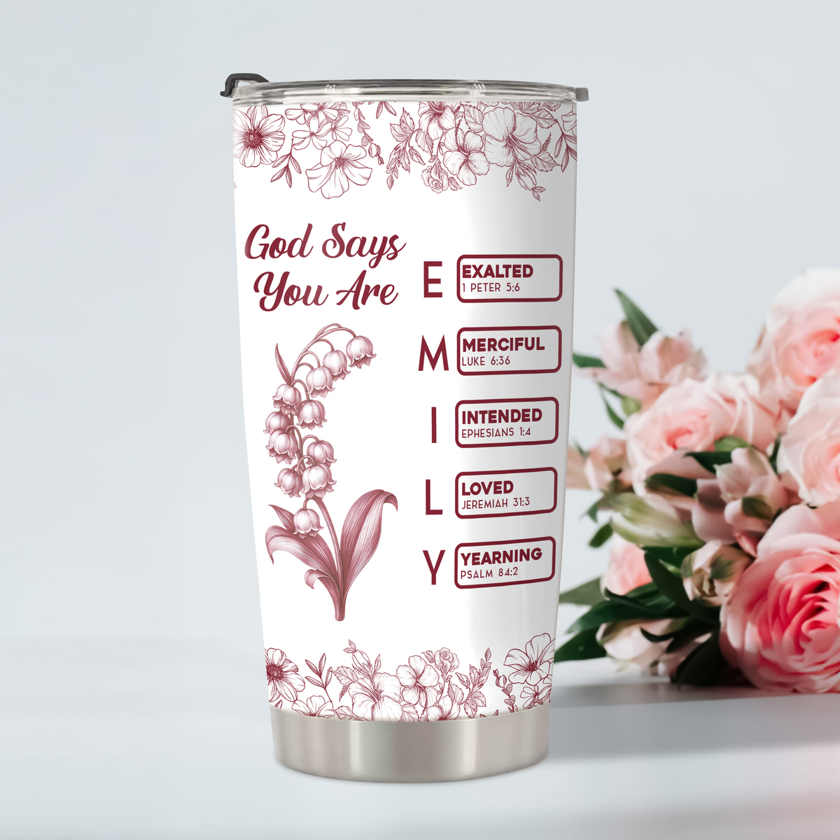 God Says I Am Name Letter In Bible Toile De Jouy Style - Personalized Fat Tumbler CH07 896824