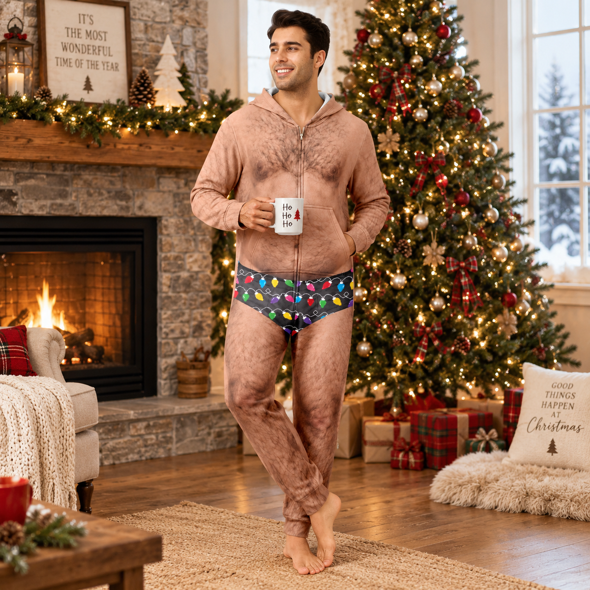 Personalized Funny Hairy Chest Men's Colorful Christmas Lights Underwear Onesie Pajamas HO82 903682