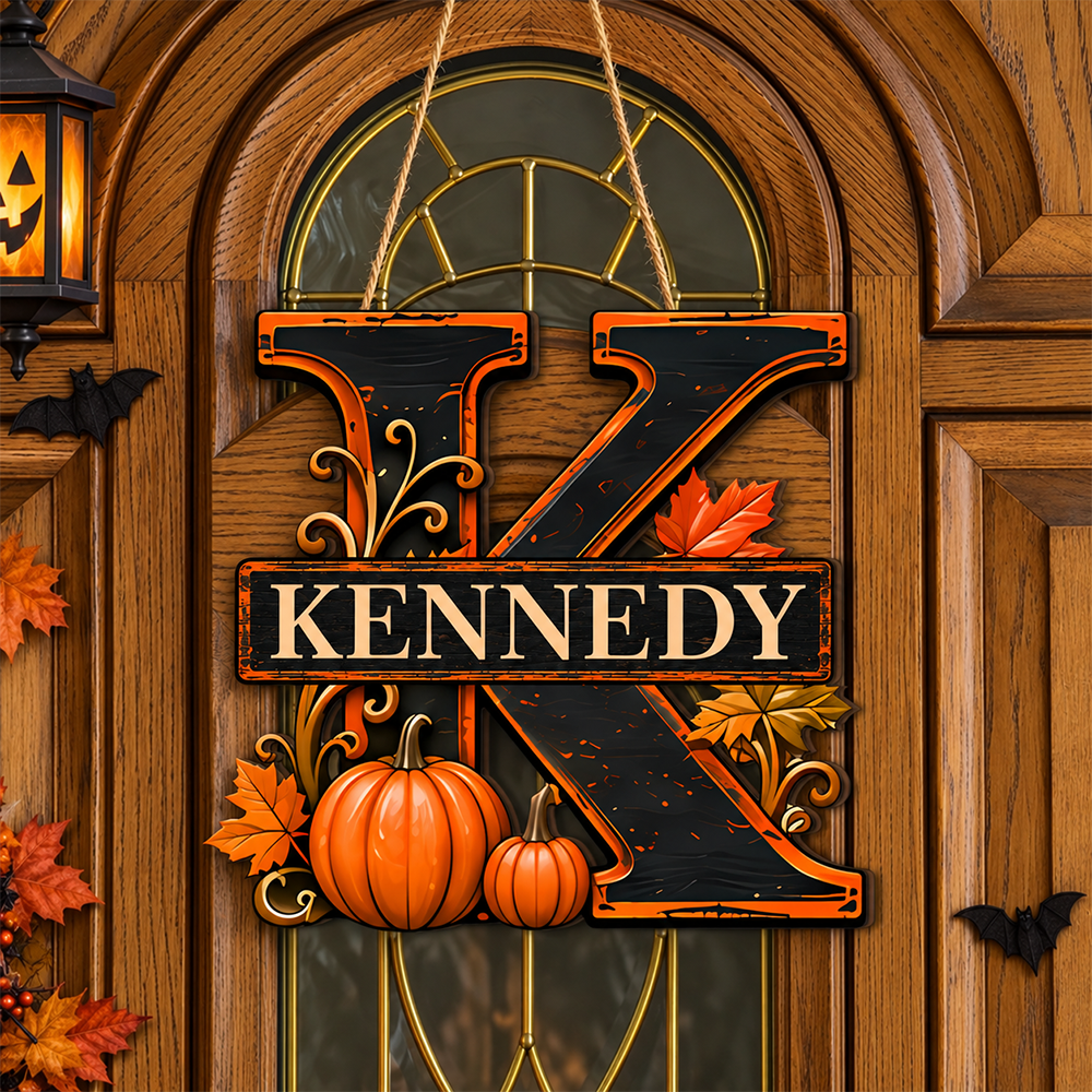 Custom Initial & Name Pumpkin Halloween Monogram Door Sign LM32 670003