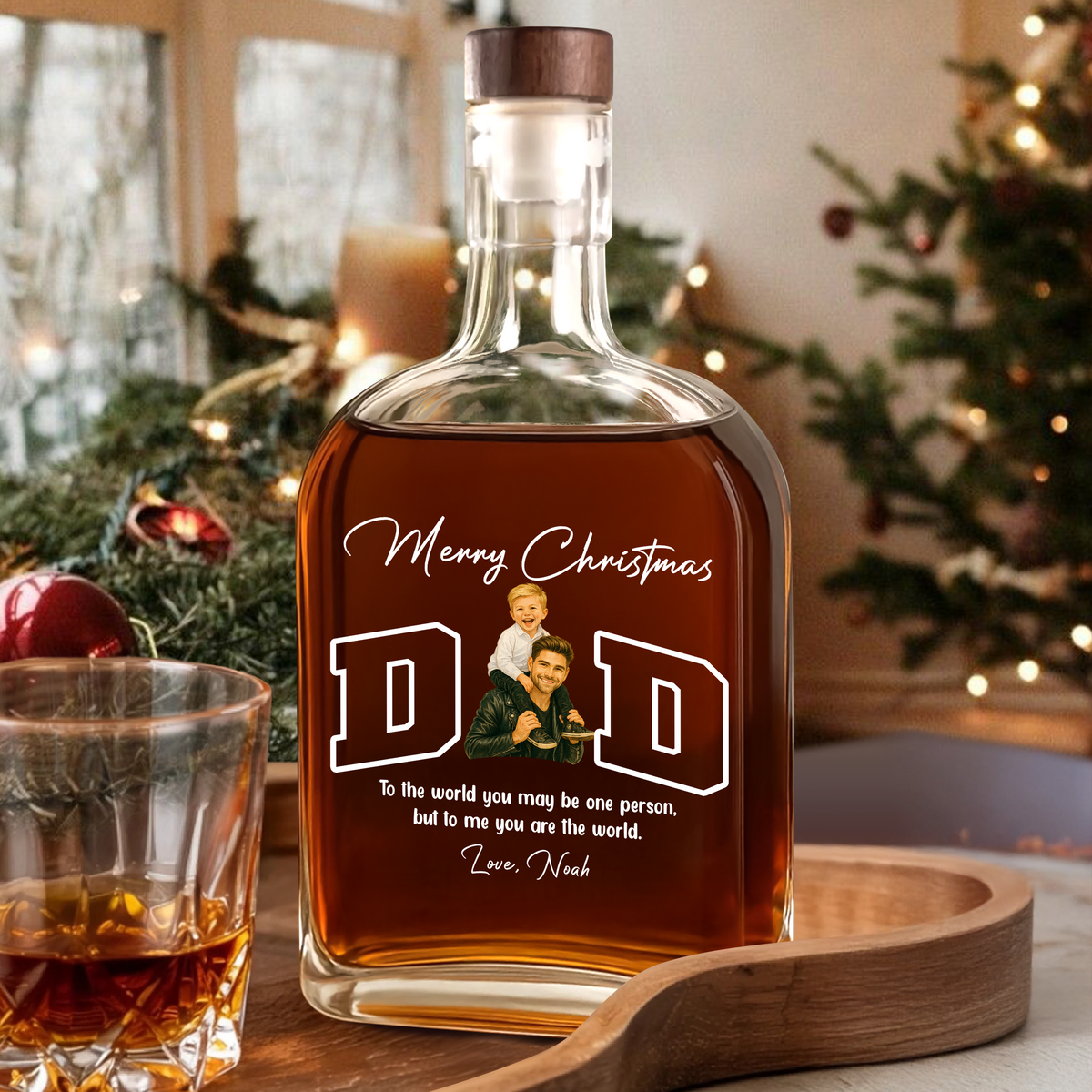 Custom Portrait Photo Merry Christmas Dad Kid Play Together Whiskey Bottle LM32 893867