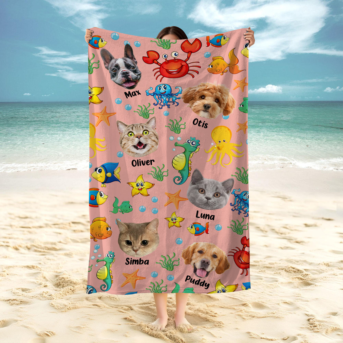 Custom Photo Cute Pet Face Watercolor Sea Creatures Summery Beach Towels CH07 896040