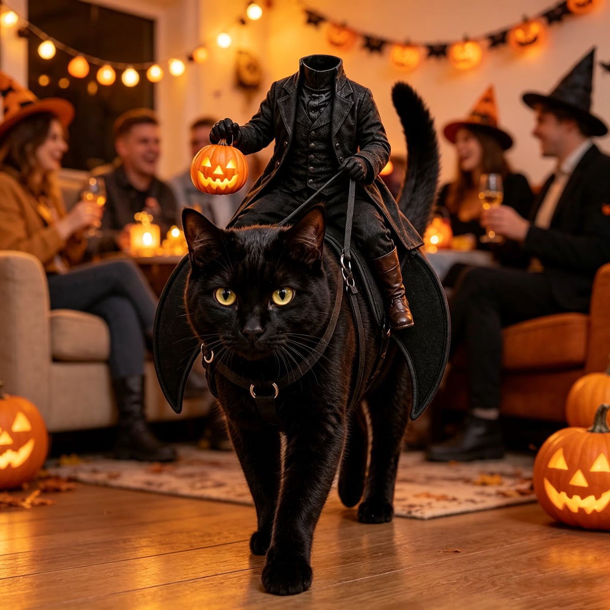 Halloween Horseman Pet Rider Costume, Pumpkin Knight Gothic Cat Outfit LM32 670247
