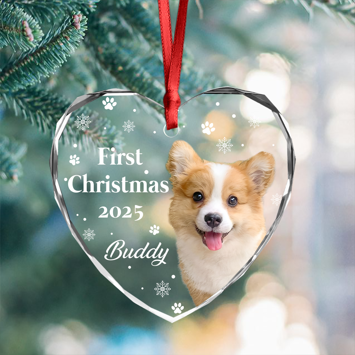 First Christmas With Cute Puppy And Snowflakes Custom Dog Photo Heart Glass Ornament CH07 896390