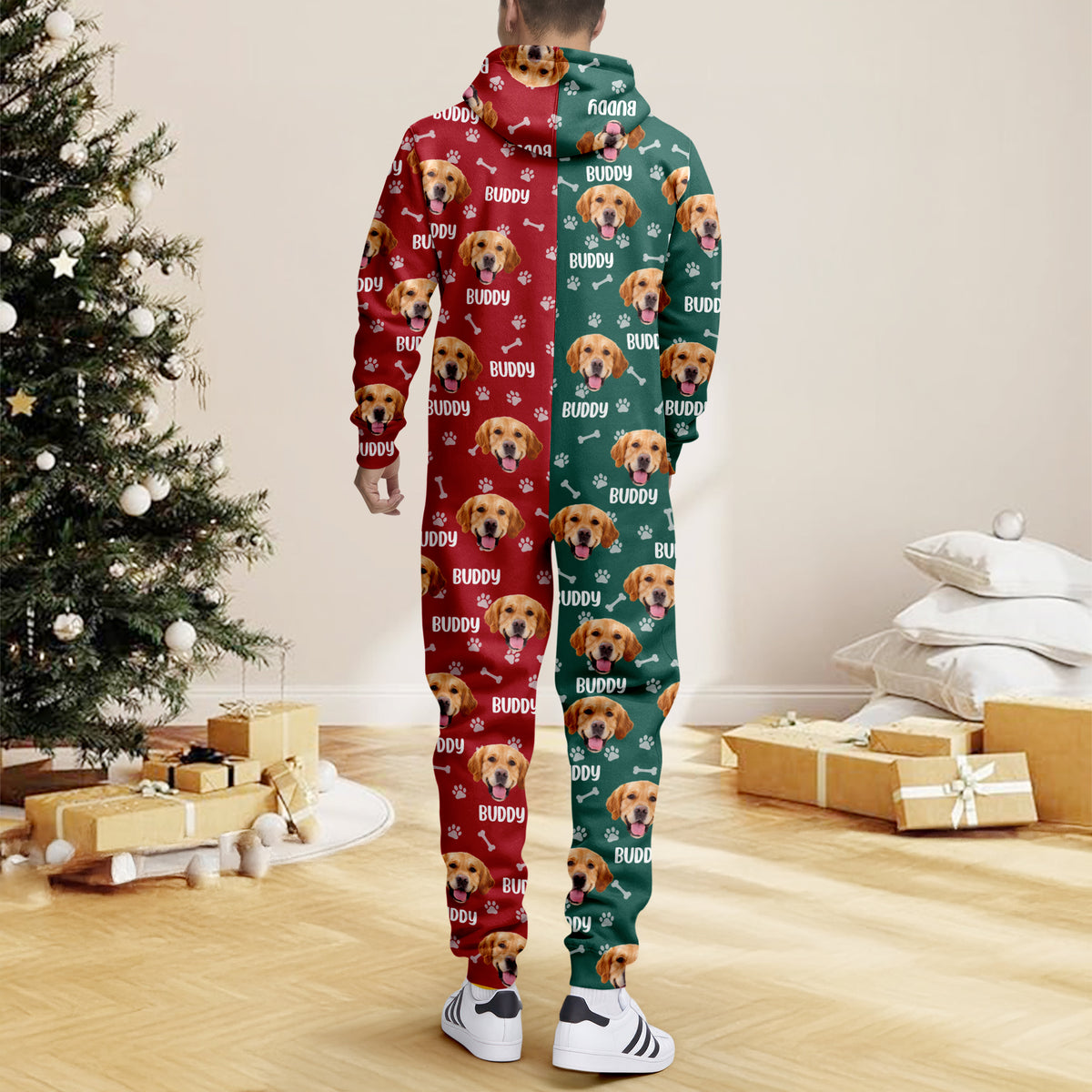 Custom Dog Face Photo Red Green Onesie Pajamas HO82 900382