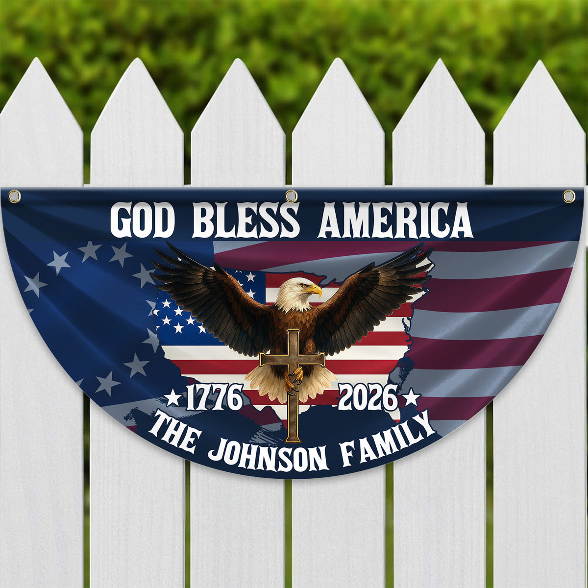 Custom Family Name Patriotic 250th Anniversary God Bless America Eagle 1776–2026 Non-Pleated Fan Flag HA75 920118