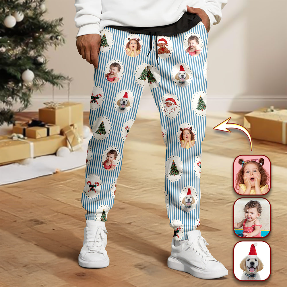 Custom Cute Photo Santa Christmas Green Tree Striped Pattern Sweatpants LM32 897419