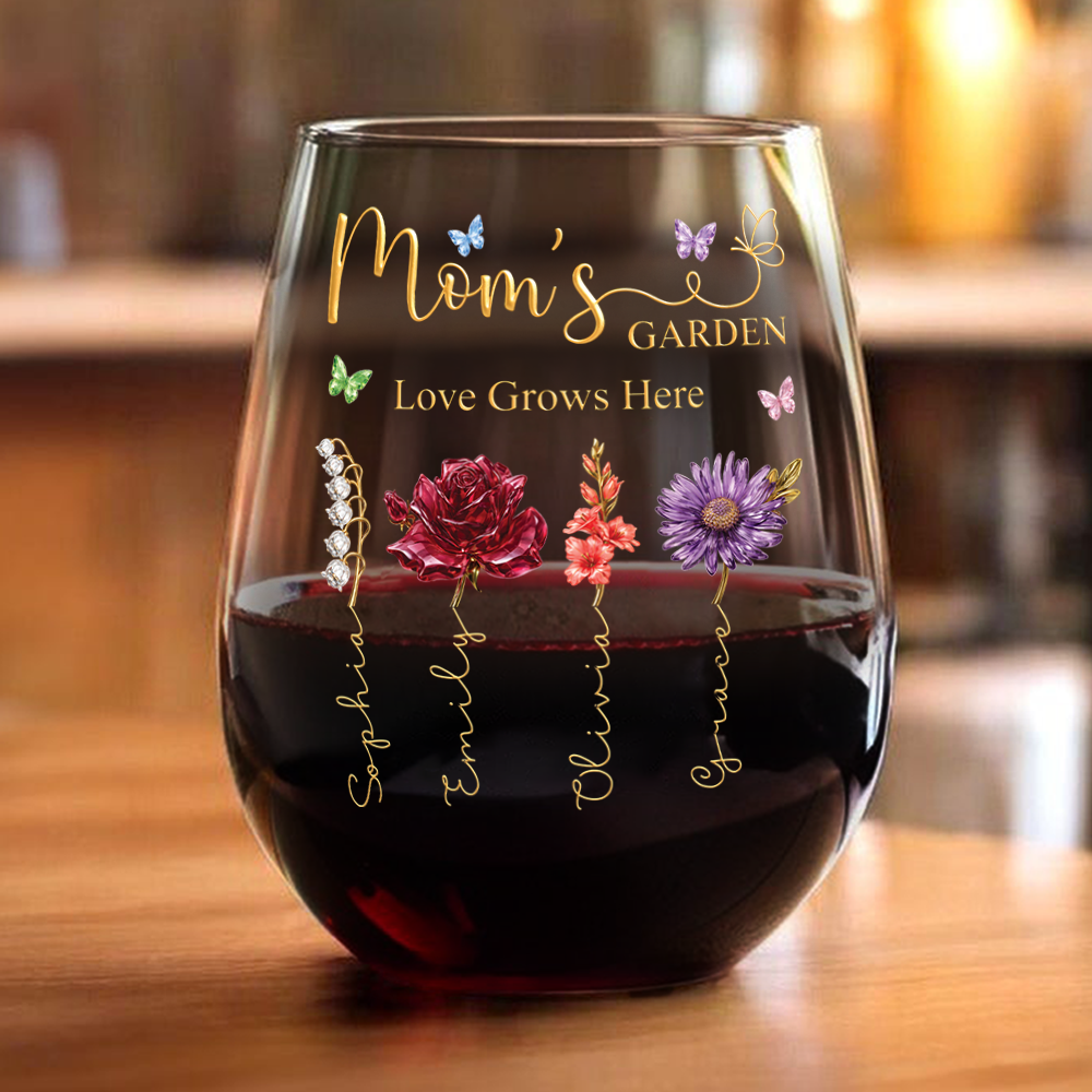 Custom Name Mom's Garden Love Grows Here Wine Glass, Personalized Birth Flower Gift for Mom CH07 911212