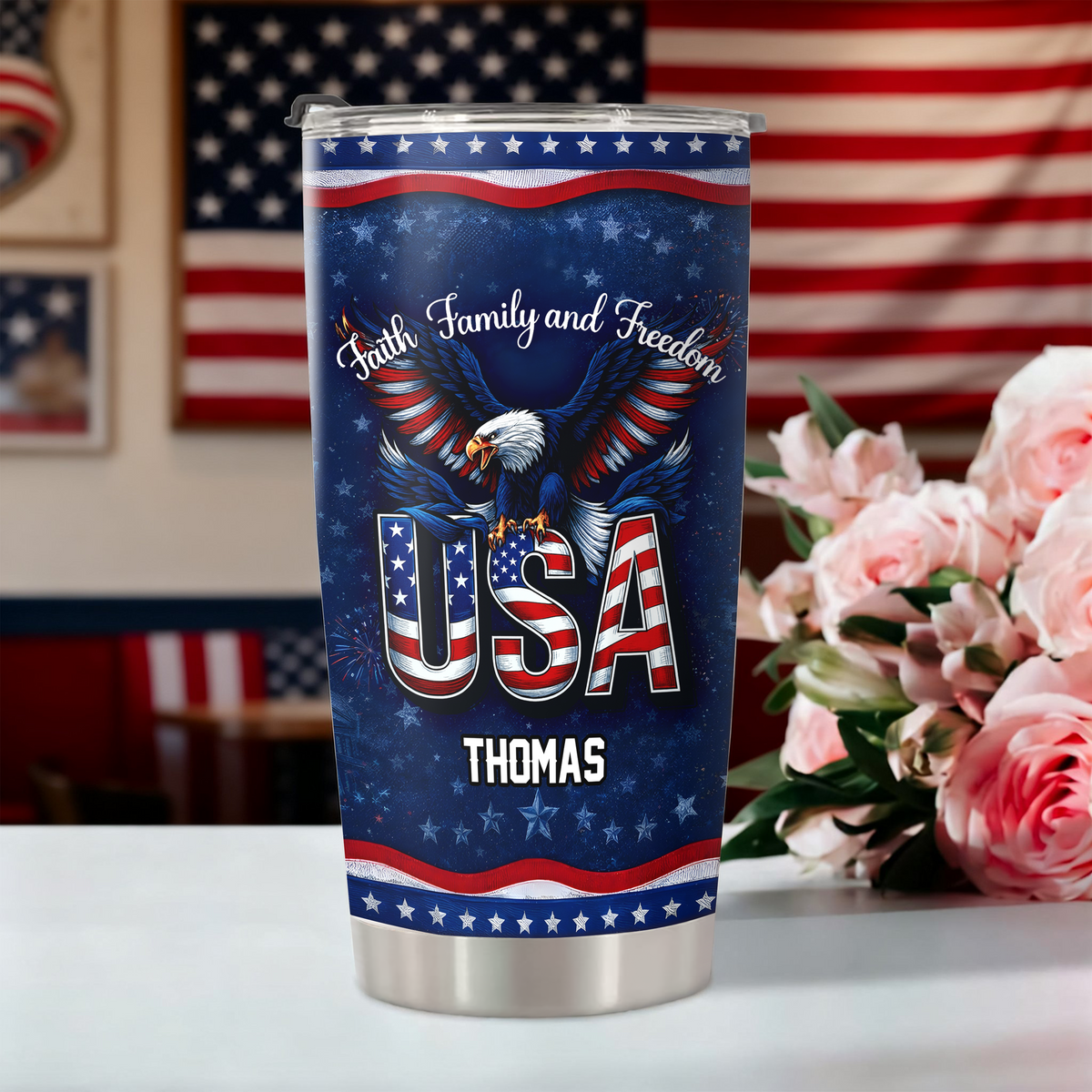 Custom Name Faith, Family & Freedom America 250 Years Anniversary Fat Tumbler 1776–2026 CH07 910590
