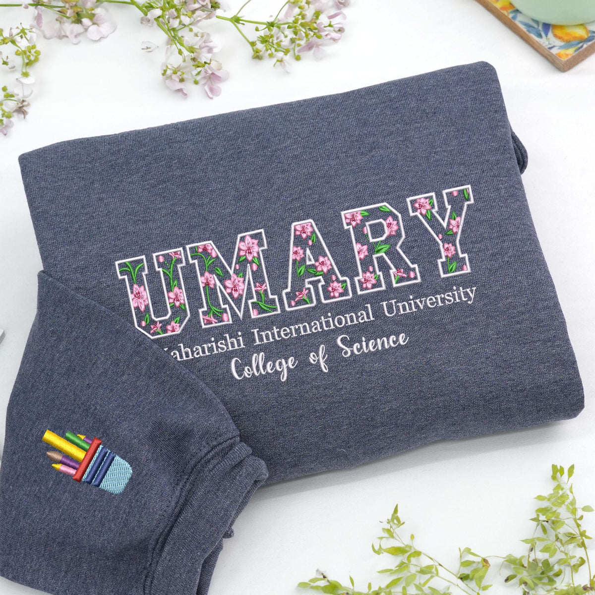 Custom Floral College Sleeve Embroidered Sweatshirt - Graduation or Alumni Gift LM32 899745