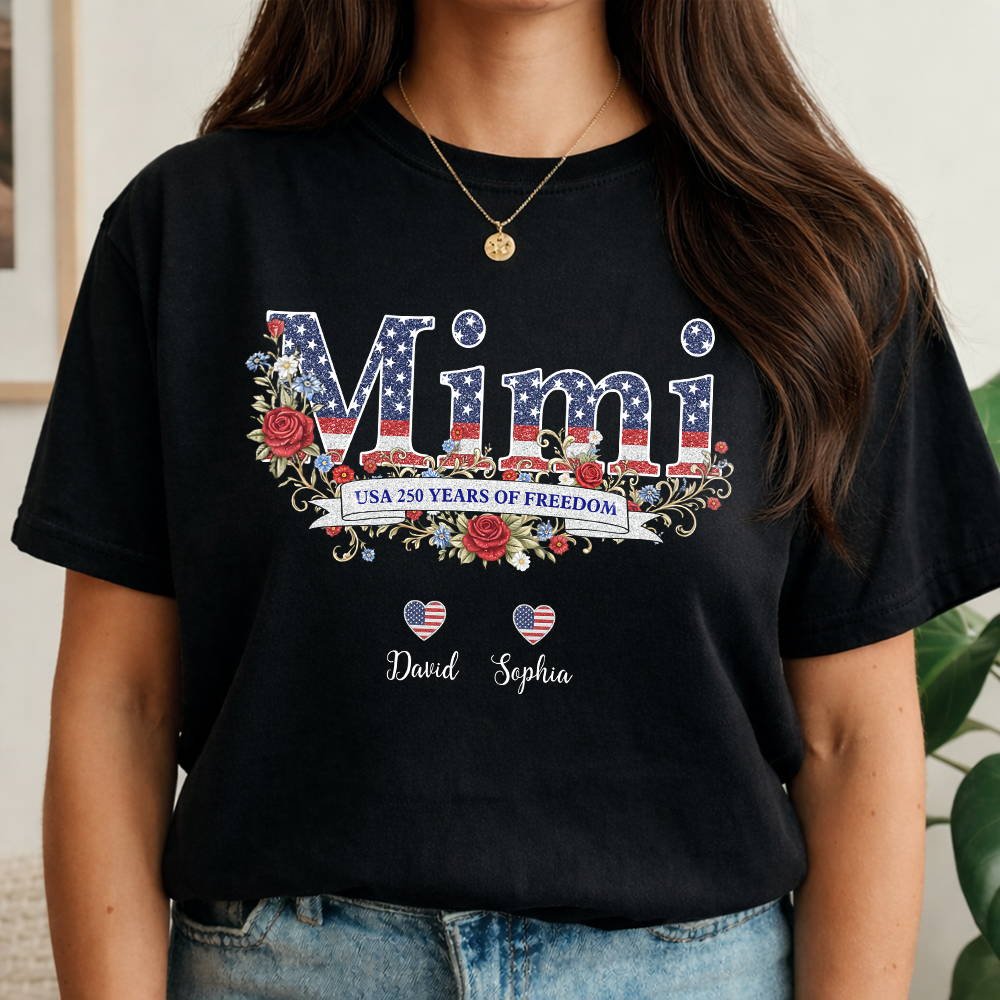 Custom Kids Names Mom USA 250 Years of Freedom 1776–2026 Patriotic Floral Dark Shirt Gift for Mom CH07 911040
