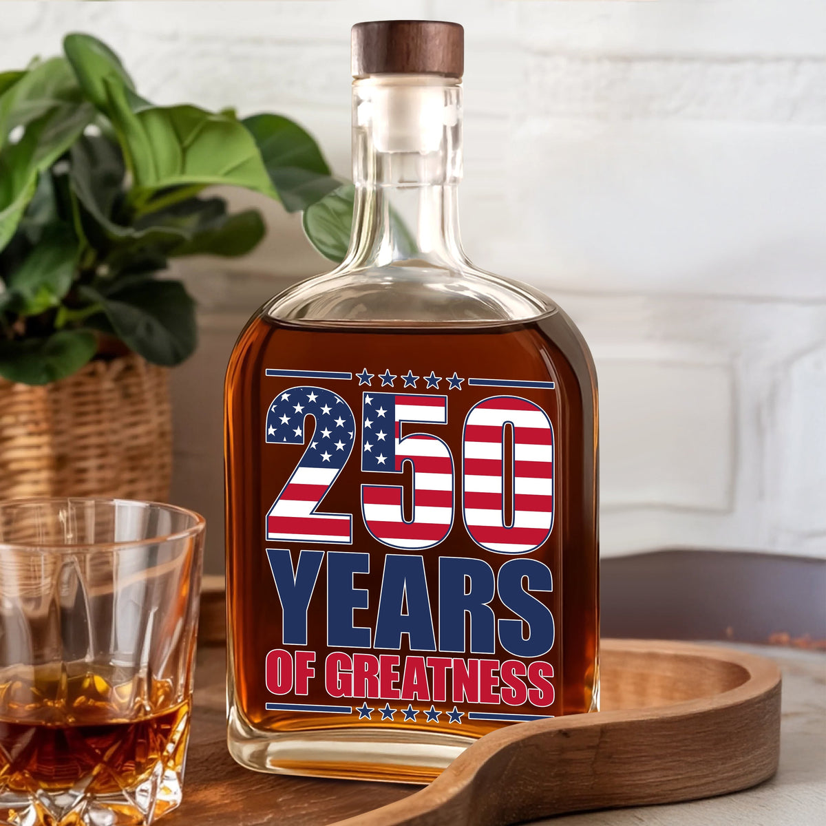 250 Years of Greatness USA Flag Patriotic 1776-2026 Anniversary Whiskey Bottle LM32 895225