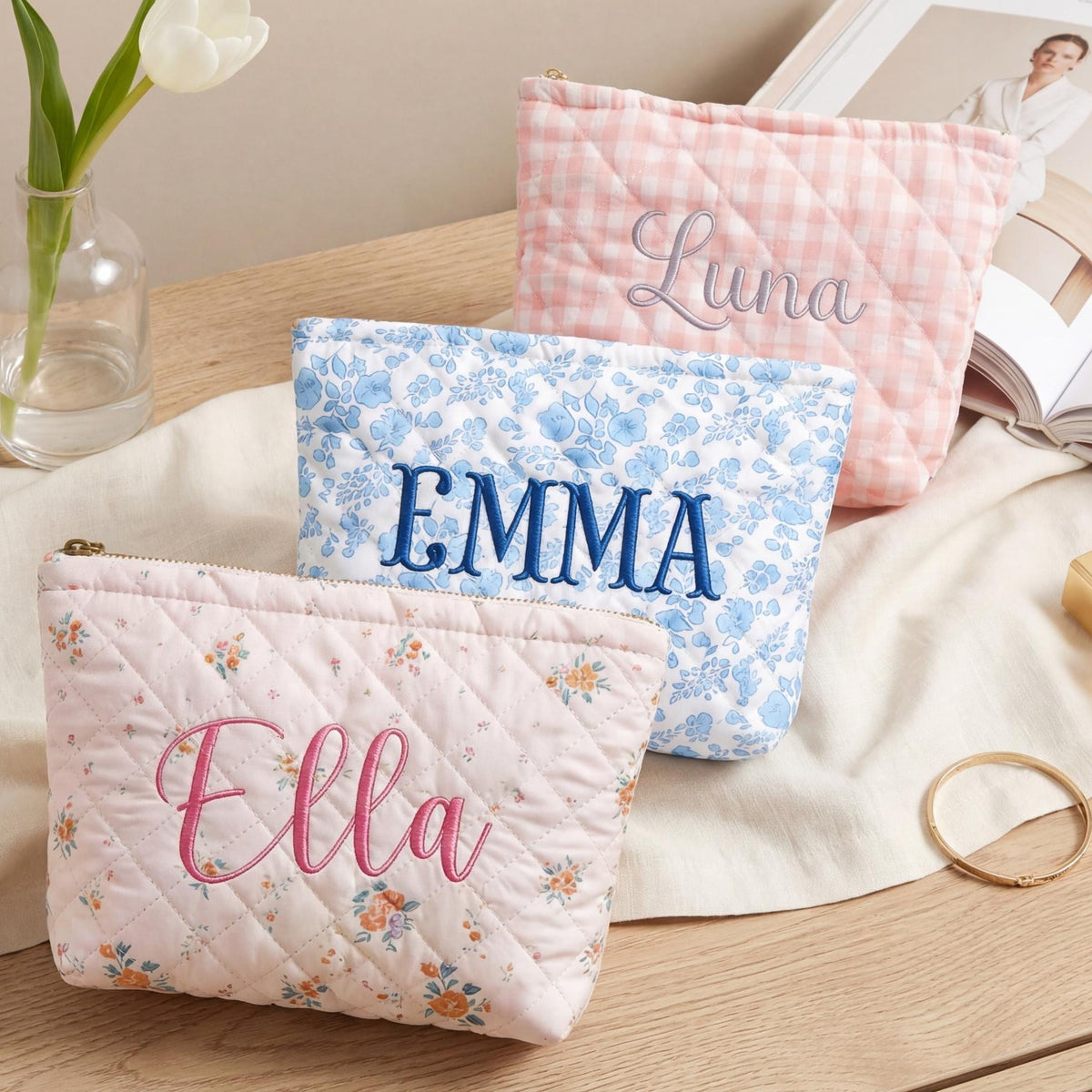 Personalized Floral Monogrammed Embroidered Cosmetic Bag- Gift For Mom, Girlfriend, Women, Bridesmaid Gift LM32 899771