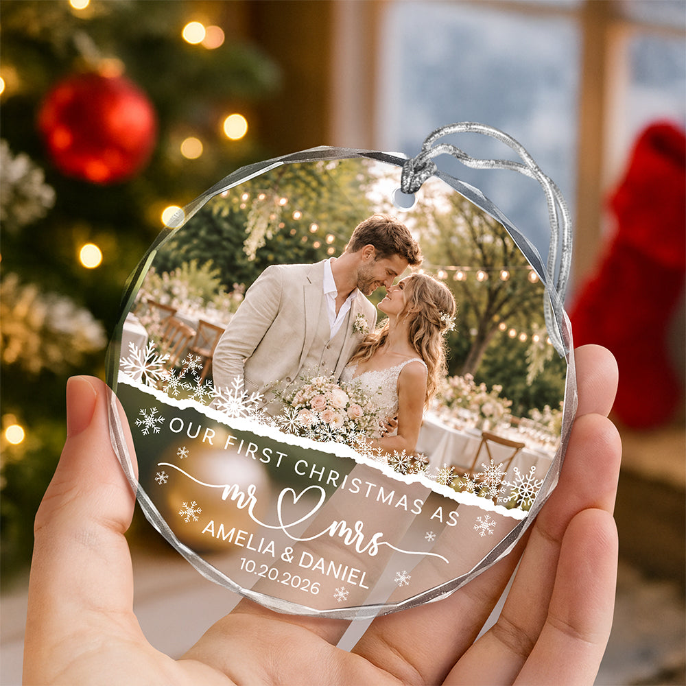 Custom Photo Our First Christmas As Mr Mrs Glass Ornament TH10 171427