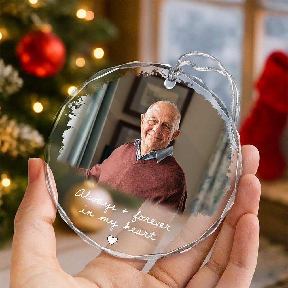 Custom Photo Always & Forever In My Heart Memorial Christmas Glass Ornament CH07 180180