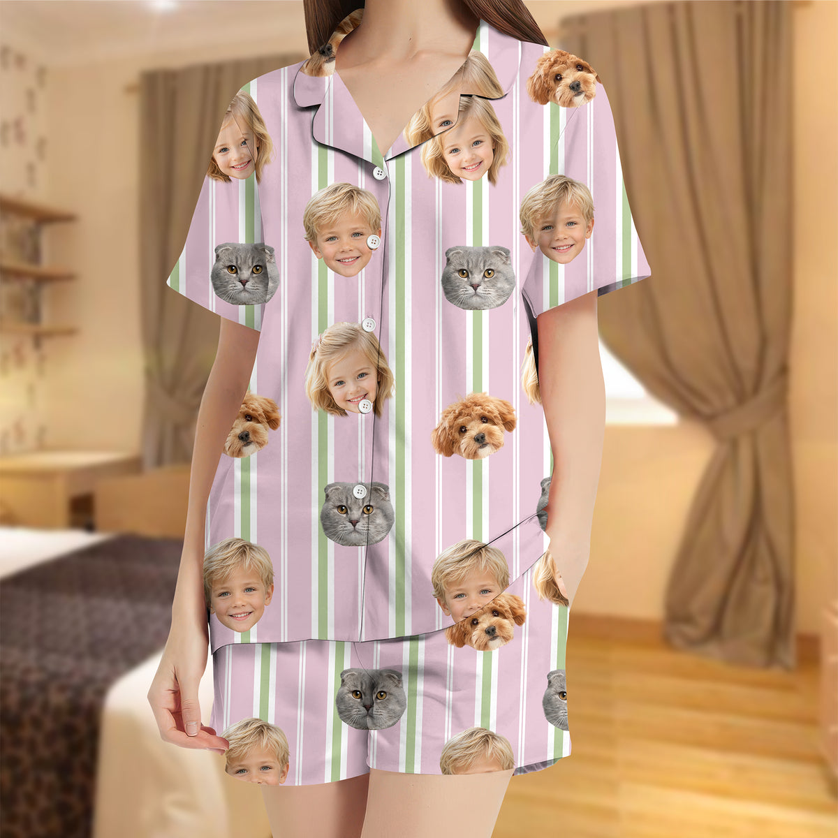Custom Funny Face Striped Short Pajamas, Personalized Matching Family Sleepwear LM32 669823