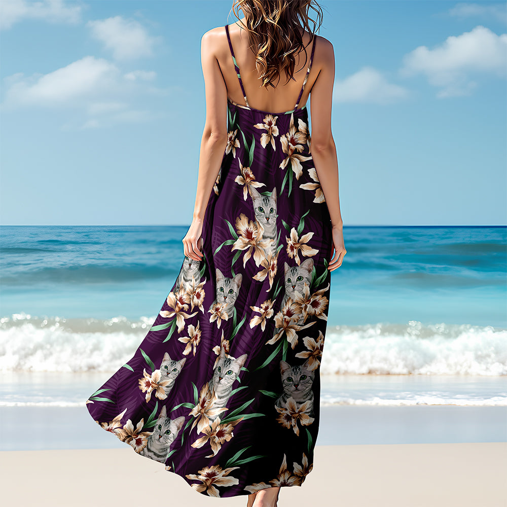 Custom Cat Photo With Lily Flowers Women's V-neck Cami Maxi Dress For Cat Lover TH10 892639