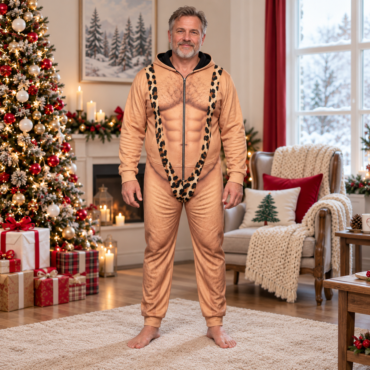 Personalized Funny Hairy Man Body Print Christmas Onesie Pajamas for Men LM32 670079
