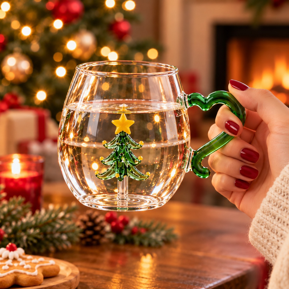 3D Christmas Shaped Glass Mug with Heart Handle, Holiday Coffee Cup, Christmas Gift HA75 919174