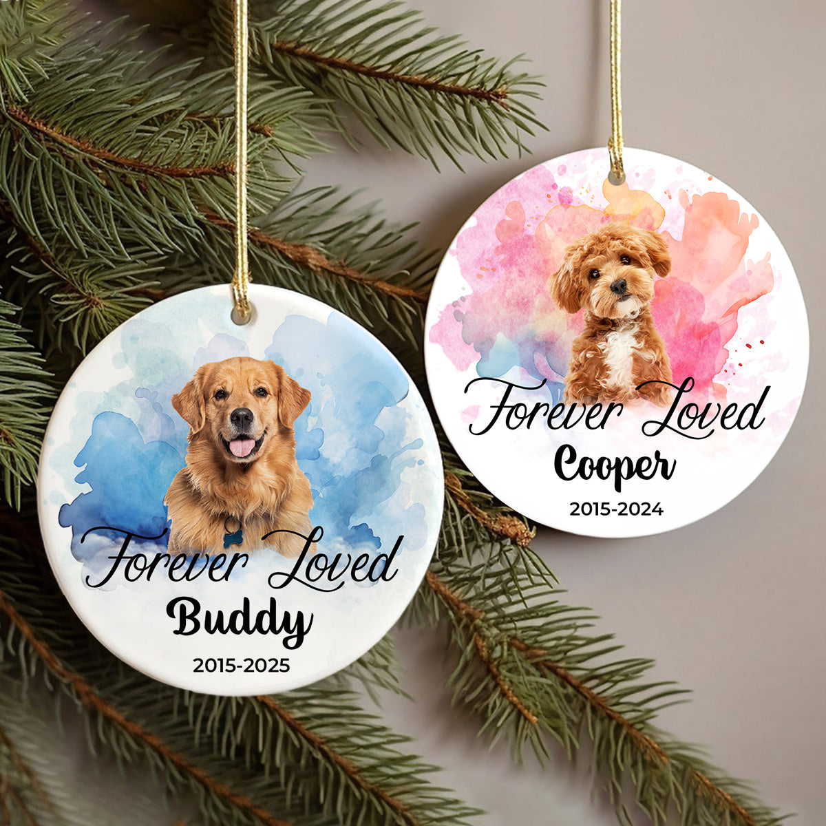 Custom Photo Christmas Forever Loved Dog Memorial Ceramic Ornament CH07 896810