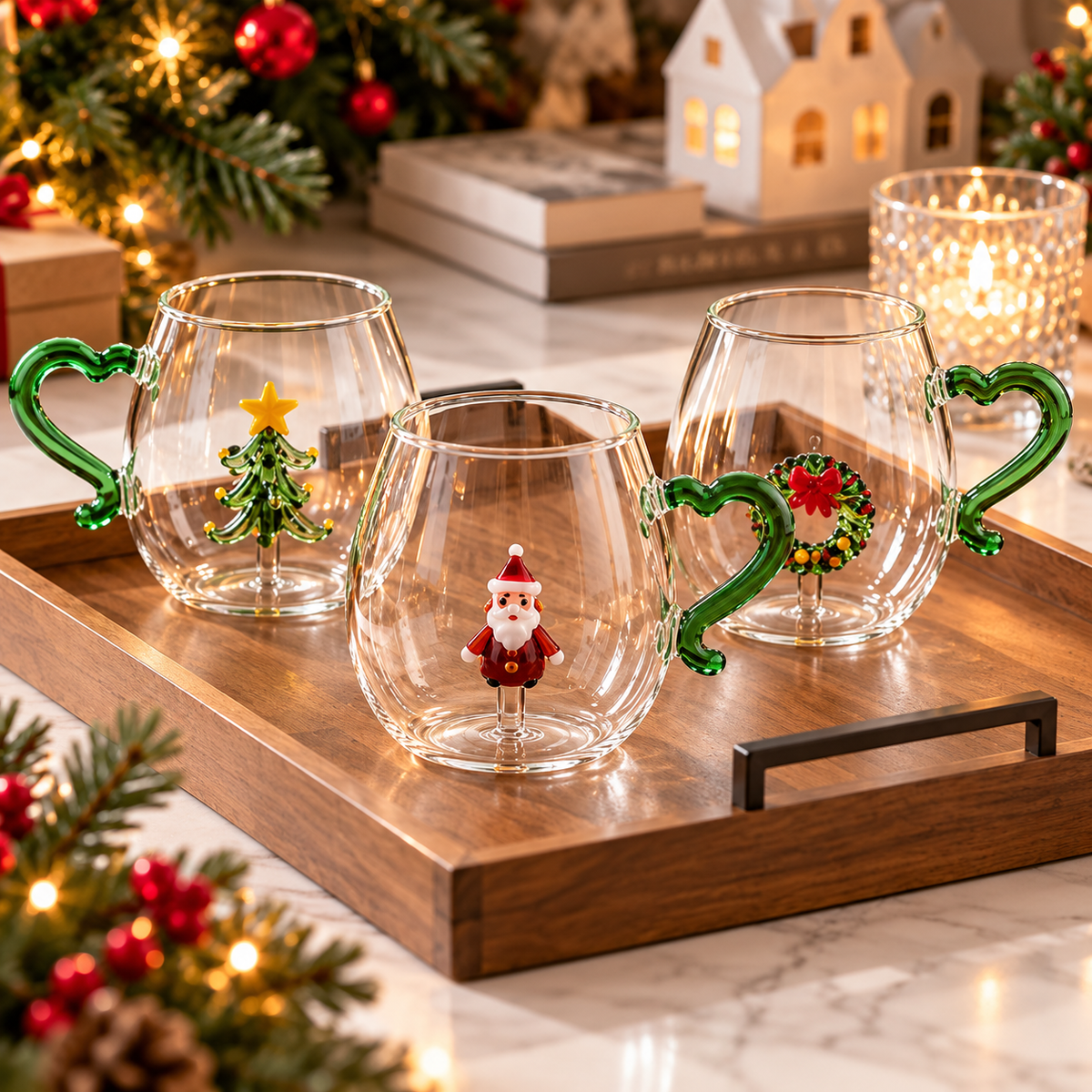 3D Christmas Shaped Glass Mug with Heart Handle, Holiday Coffee Cup, Christmas Gift HA75 919174